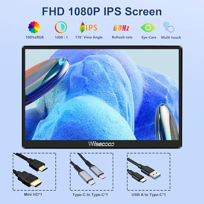 wisecoco 7 inch Portable Monitor Touchscreen IPS 1080P 1920x1080 120Hz Mini LCD Display Second Screen USB C HDMI Ultra Thin for Raspberry Pi 5/4 Switch PS5 Xbox Laptop PC