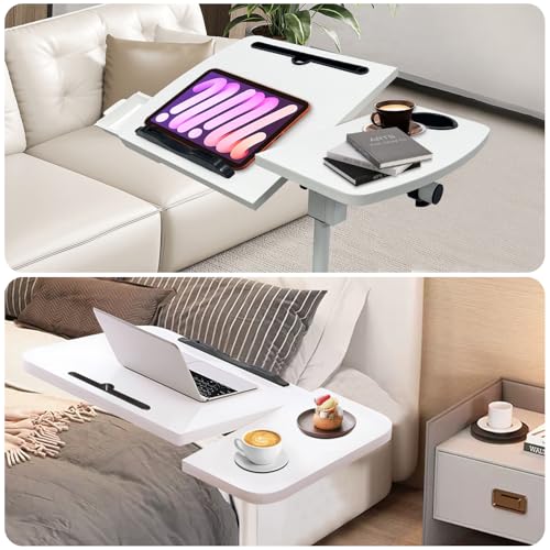 Medical Adjustable Overbed Bedside Table Teacher Podium Laptop Computer Cart Mobile Laptop Desk with 2 Tilting Desktops,Cup Holde,Drawer，Wheels for Office, Home and Classroom (White) - color: White-fba