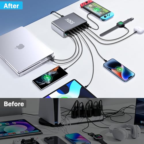 550W USB C Fast Charger Block, PD3.1 140W 8 Port USB Charging Station, GaN Ⅲ Pro PD PPS Fast Charging Station for Multiple Devices,Laptop Wall Charger Compatible with iPhone 17/iPad/MacBook etc - size: 550W+A 240W Braided Nylon Fast Charging Cable