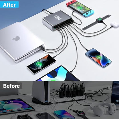 550W USB C Fast Charger Block, PD3.1 140W 8 Port USB Charging Station, GaN Ⅲ Pro PD PPS Fast Charging Station for Multiple Devices,Laptop Wall Charger Compatible with iPhone 17/iPad/MacBook etc - size: 550W+A 240W Braided Nylon Fast Charging Cable
