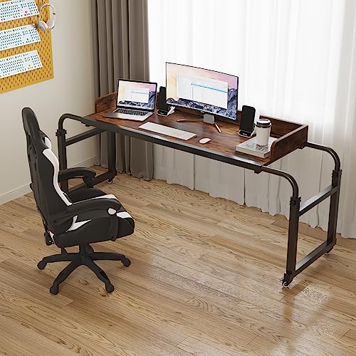 TigerDad Overbed Table with Wheels, Modern Style, Brown, 55.1-82.7x25.6x18.1 inches, 350lbs Weight Capacity - color: Brown