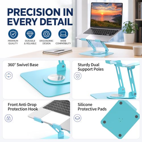 SOUNDANCE 360 Rotating Laptop Stand, Ergonomic Computer Riser for Desk, Adjustable Height Multi-Angle Metal Holder, Foldable Portable Notebook Elevating Base for Office & Home, Blue - color: Blue