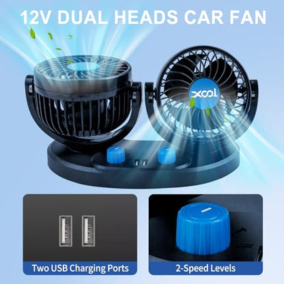 XOOL Car Fan – Car Cooling Fan with 2 USB Charging Ports, Quiet Strong Airflow, Cigarette Lighter Plug, Fan for Car, Vehicles, RVs, and SUVs - size: Cigarette Dual Fan - Front (Dual USB Ports)