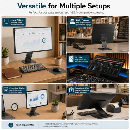 Foldable Portable Low Profile Monitor Stand, VESA 75x75/100x100 | Strong hinge stays securely in position throughout the -15° to +180° tilt range; compact, stable base saves desk space