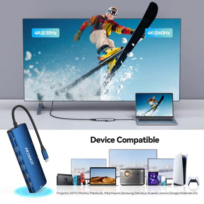 USB C Hub, 9-in-1 Multi-Port USB Adapter, 4K@60Hz HDMI, 100W Max PD, 3 USB3.0(5Gbps) + 2 USB2.0 Data Ports, SD/TF Card Reader for MacBook, iPad Pro, Dell, HP, Lenovo, Windows Laptop, Blue - color: Blue