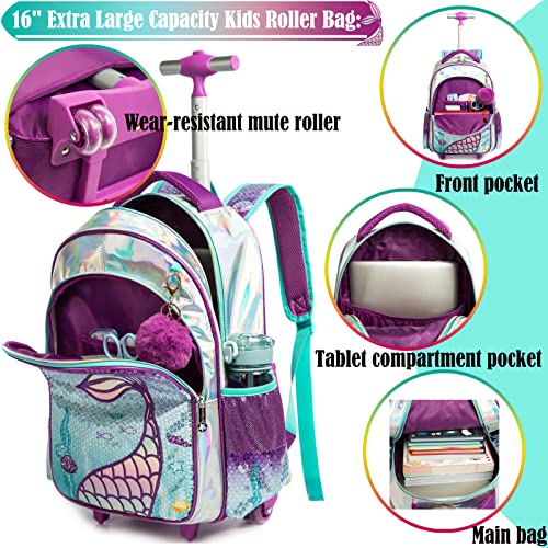 School Kids Rolling Backpack for Girls 3PCS With Trolley Wheeled Backpacks - color: Purple-220308-l