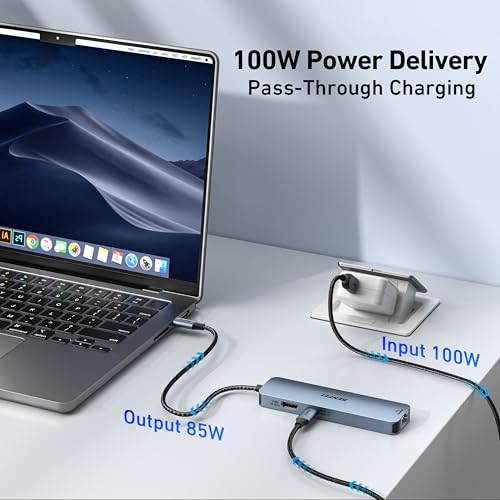 BENFEI USB C HUB 6-in-1 with HDMI(4K@60Hz), Gigabit Ethernet, 100W Power Delivery, 3*USB 3.0, Silicone Cable, Aluminum Case Compatible with iPhone 15 Pro/Max, MacBook, iPad Pro, iMac, S23, XPS17 - style: 3A(6in1)