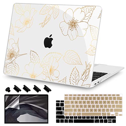 Teryeefi Compatible with 2018 2019 2020 MacBook Air 13 inch Case M1 Chip A2337 A2179 A1932 Retina Display Touch ID, Plastic Hard Shell & Keyboard Cover & Screen Protector,Gold Floral Leaf - color: Gold Floral Leaf