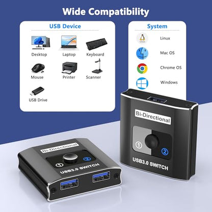 USB 3.0 Switch with 2 USB3.0 Cables, USB Switcher 1 in 2 Out/2 in 1 Out | Bi-Directional Aluminum USB Switcher 2 Computers Share Keyboard Mouse Printer, USB Splitter for Laptop