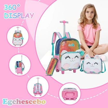 Kids Rolling Cats Backpack for Girls Plush Trolley Suitcases Luggage Travel with Wheels Bookbag Wheeled 17" Roller Backpacks Set Toddler Back Pack School Bags for Elementary Champagne - color: 5315-maomi-champagne