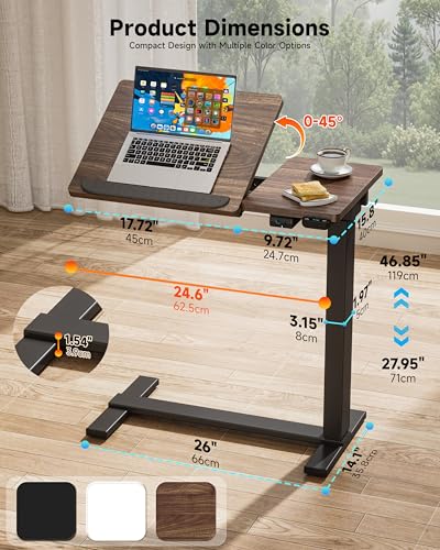 BIZUM Small Electric Standing Desk, Overbed Table Wireless Tilt Top with Hidden Wheels, 27.6×15.8 Inch Adjustable Rolling Laptop Desk, USB-C Rechargeable Battery, Walnut - color: Walnut