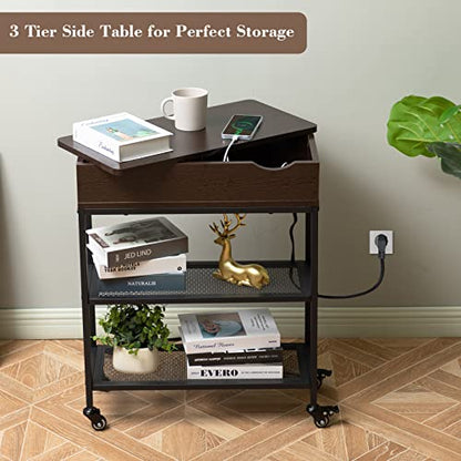 Hadulcet End Table with Charging Station & Rotating Top, Couch End Table, Rotating Swivel Top Side Table for Living Room & Bedroom, Narrow Rolling Side Table on Wheels, Skinny Nightstand, Black Walnut - color: Black Walnut