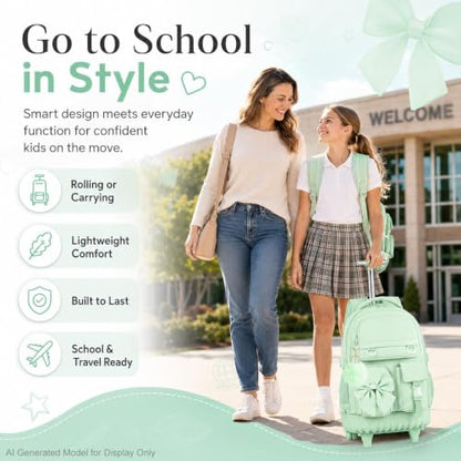 3Pcs Rolling Backpack for Girls Women, School Kids Roller Bookbag with Wheels, Wheeled Backpacks Set for Elementary (Green) - color: Bow Green