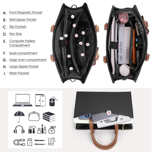 RAINSMORE Laptop Bag for Women 15.6 Inch PU Leather Tote Bag Professional Business Office Work Bag Waterproof Briefcase Computer Tote Bag Large Capacity Lightweight Handbag Shoulder - color: Black-beige-dark Brown