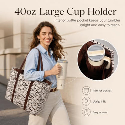 BTOOP Work Tote Bag for Women, Laptop Tote Bag With 15.6 Inch Padded Compartment, Teacher Nurse Bible Bags - color: A-leopard - Apricot-17.3''