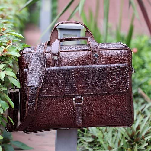 16" Crocodile Embossed Leather Laptop Briefcase, 5 Zipper Pockets, 2 Spacious Compartments, 16x12x4 inches. - color: Classic Brown