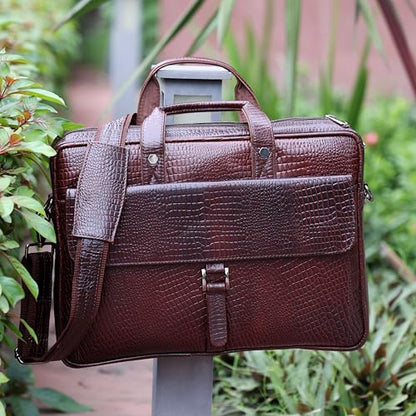 16" Crocodile Embossed Leather Laptop Briefcase, 5 Zipper Pockets, 2 Spacious Compartments, 16x12x4 inches. - color: Classic Brown