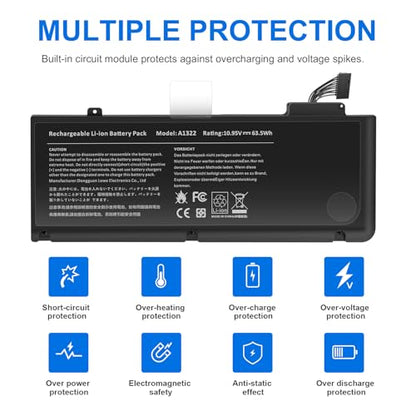 A1278 A1322 Battery Compatible with MacBook Pro 13" Unibody (Mid 2009 to Mid 2012) MacBook Pro 13" A1278 [Mid 2012 2010 2009 Early 2011 Late 2011] 661-5229 661-5557 020-6547-A 020-6765-A 10.95V/63.5WH - size: 8.33*3.42*0.55inch A1322