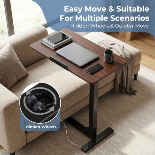 DUMOS Adjustable Rolling Desk, Mobile Overbed Bedside with Hidden Wheels, Portable Laptop Standing Desks Computer Workstation for Bed Sofa Couch, Brown