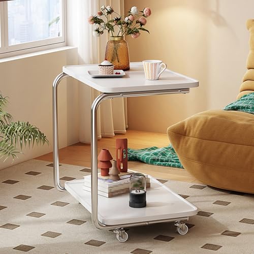 Overbed Table with 360 Wheels Panel Bedside Table, Modern Minimalist Sofa Side Table, U Shaped Built in Side Table, Double Shelf, for Bed, Sofa(Brown) - color: Brown