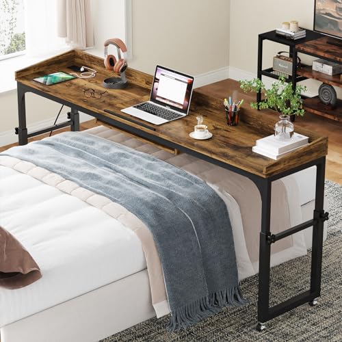 Tribesigns Height Adjustable Overbed Table with Wheels, Queen Size Over Bed Desk with Adjustable Tilt Stand, Mobile Laptop Cart Computer Desk with Outlets & USB Ports (Rustic Brown) - color: Rustic Brown