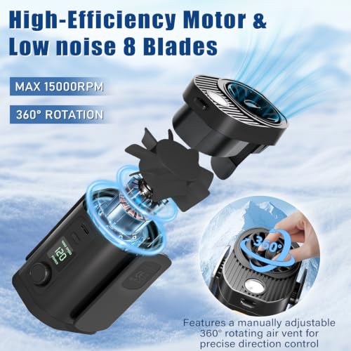 Portable Fan,120-Speed Adjustable Waist Clip Fan Turbo Cooling, Rechargeable Clip-On Personal Fan with LED flashlight,for Outdoor,Travel,Camping - color: Black