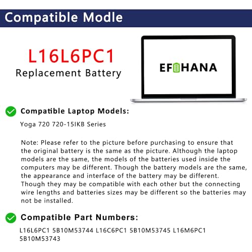 L16L6PC1 L16M6PC1 Laptop Battery Replacement for Lenovo Yoga 720 720-15Ikb 720-15 Series Notebook L16M6PC1 L16C6PC1 5B10M53745 5B10M53743 5B10M53744 3ICP4/43/110-21 11.58V 72Wh 6217mAh - size: 8.66×3.86×0.24 in L16L6PC1
