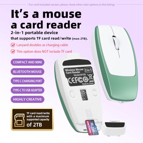 FMOUSE Mini 2-in-1 Wireless Bluetooth Mouse & Micro SD Card Reader | Supports Up to 2TB | Rechargeable | 3.07×1.49×0.87in | Compatible with Laptop Mac iPad Tablet | Office & Students | Green - color: Green / Without TF Card
