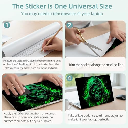 Universal Laptop Skin Decal, 3-Piece Vinyl Protector for 12 13 14 15.6" Notebook, Waterproof Anti-Scratch, Easy Trim & Bubble-Free Finish, Green Fire Skull in Hood - color: Green Fire Skull in Hood