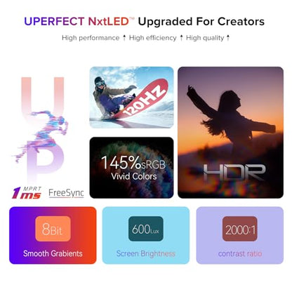 UPERFECT NxtLED™ Portable Monitor 18.5" 120Hz, Professional Eye-Care Screen | 145% sRGB Matte Travel Gaming Monitor for MacBook, Laptop, PC, Portable Second Screen with Kickstand, Bag, VESA - size: 18.5 inch