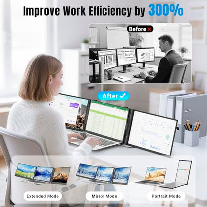 Laptop Screen Extender 0.17" Ultra-Thin, 14" 1080P FHD IPS Portable Monitor, Triple Screen Laptop Monitor Extender for 13"-17" Laptops, Plug & Play for Windows/Mac/Android/Chrome/PS5