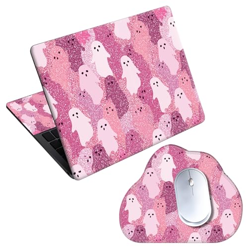 Laptop Skin Sticker Decal 15-15.6 Inch with Cute Mouse Pad, Universal Reusable Vinyl Sticker for 12.1 13 13.3 14 15.4 Inch Netbook and Notebook PC, Pink Glitter Ghost - color: Pink Glitter Ghost