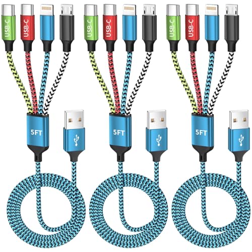 4 in 1 Dual Type C Multi Charging Cable, Charging Cord for Multiple Devices | 3 Pack 5FT USB Charging Cable with 2 USB C/IP/Micro USB Charger, Phone Charger for iPhone 17-8/ Android/Pad and More - color: Blue