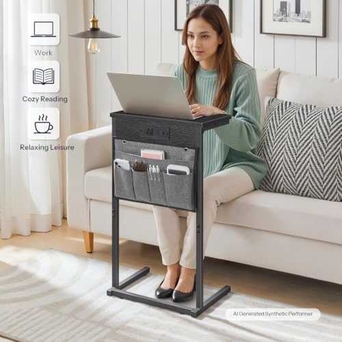 HOOBRO C Shaped End Table with Charging Station, 28" H Couch Side Table Slide Under, Sofa Arm Tray Table with Storage Bag for Living Room, Recliner, Black BB70USF01 - color: Black