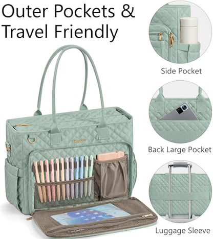 Bagstellar Teacher Tote Bag for Women, 15.6" Laptop Work Tote Computer Bag | Quilted Bible Nurse Bag with 40oz Cup Holder, Insulated Pocket & Strap, Large Laptop Briefcase for School Travel Office Gifts - color: Sage Green