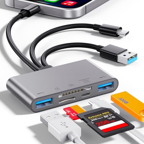 5-in-1 SD Card Reader,High-Speed USB 3.0 Adapter for Phone/Pad USB C/A Devices with TF&SD Card Slots, Supports SD/TF/SDHC/SDXC/MMC - color: Grey