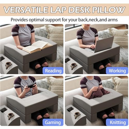 Lap Desk Pillow for Laptop, Large Reading Pillow for Adult, Ergonomic Arm Rest Pillow with Cup Holder, Memory Foam Bed Desk for Working (Reading Pillow + Cup Holder)