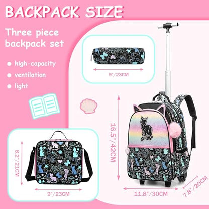 Rolling Backpack with Wheels for Girls Kids,Lightweight Wheeled School Backpack with Pencil Case,Cute Bookbag for Students - color: Black Star Cat