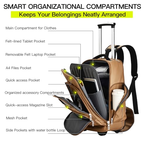 Heliar Rolling Backpack with Wheels | Wheeled Roller Backpack for Business & Travel, Adjustable 13-18 Inch Laptop Backpack with Laptop Compartment & Carry-On Design - color: Brown