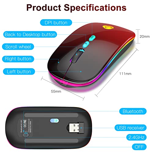 CC Store Wireless Mouse for Laptop,USB-C Rechargeable with Dual Connection | Bluetooth mouse with 2.4GHz USB receiver, silent slim design, adjustable DPI for laptop,MacBook,PC and tablet,Black-red - color: Black-red