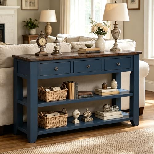 48’’ Modern Farmhouse Wood Entryway Console Table with Storage (Blue) | 3-Tier Sofa Table Behind Couch, 3 Drawers, 2 Open Shelves, Easy Assembly, for Living Room, Foyer, Hallway - color: Blue -1