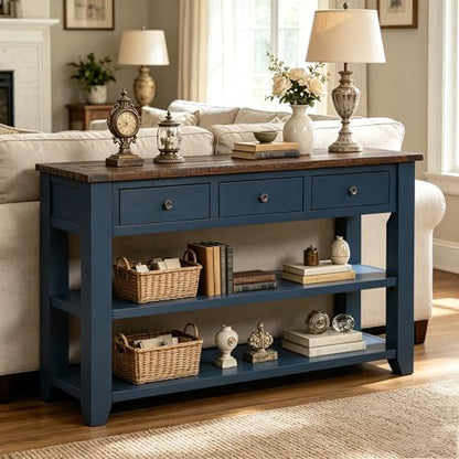 48’’ Modern Farmhouse Wood Entryway Console Table with Storage (Blue) | 3-Tier Sofa Table Behind Couch, 3 Drawers, 2 Open Shelves, Easy Assembly, for Living Room, Foyer, Hallway - color: Blue -1