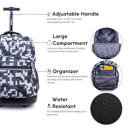 J World Sunrise Kids Rolling Backpack with Wheels for Girls Boys, Roller Bookbag for School, 18 x 13 x 9 Inches, Camo - color: Camo