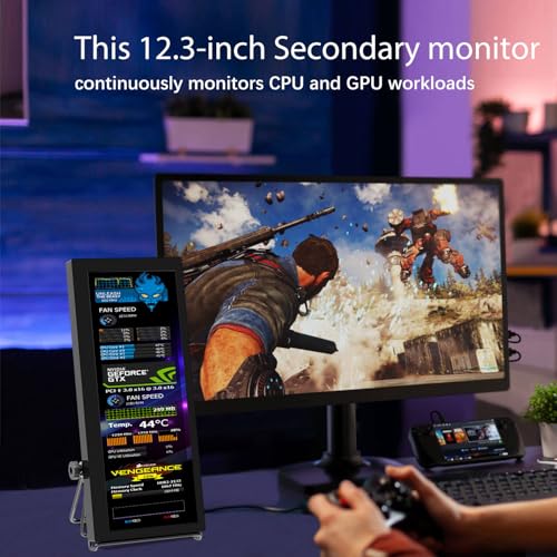 12.3 Inch IPS Stretched Bar LCD Travel Display 1920 * 720 Secondary Monitor, HDMI USBC, Mini Portable Monitor Metal Material for Laptop Computer Windows Aida64 GPU CPU RAM Monitoring,Built-in Speaker