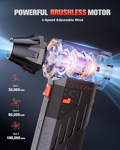 GOOLOO F5S Compressed Air Duster, 180000RPM Super Power, 3-Speed Adjustable | 4 Nozzles, Deep Cleaning for PC, Keyboard, Car&Home, Rechargeable Electric Handheld Blower Replaces Canned Air - size: Single Battery-F5S