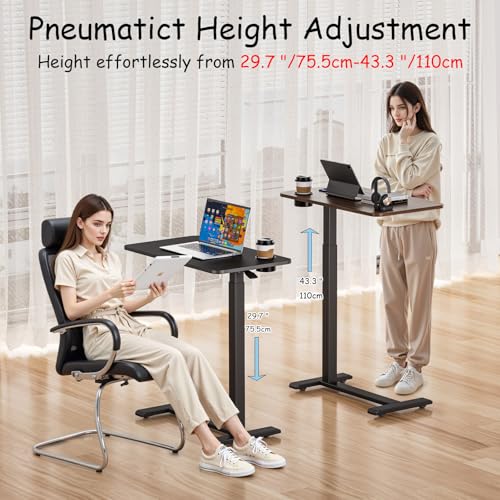 BIZUM Adjustable Hospital Bed Table on Wheels, Rolling Bedside Table Walnut | Adjustable height 29.7-43.3in, 27.6x15.8in surface, cup holder, 22lb capacity, pneumatic lift, 4 swivel wheels - color: Walnut