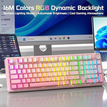 Aula F99 Pro Wireless Silent Mechanical Keyboard with Knob, BT5.0/2.4GHz/USB-C Hot Swappable, Pre-lubed Linear Switches, RGB Backlit, Gasket Mounted,Gradient Pink PC Gaming Keyboard for Win/MAC - color: Pink