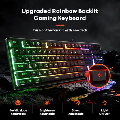 Redragon K521 Upgrade Rainbow LED Gaming Keyboard, 104 Keys Wired Mechanical Feeling Keyboard with Multimedia Keys, One-Touch Backlit, Anti-Ghosting, Compatible with PC, Mac, PS4/5, Xbox - color: Black