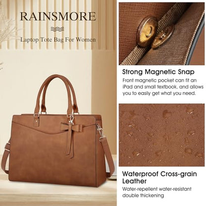 RAINSMORE Laptop Bag for Women 15.6 Inch PU Leather Laptop Tote Bag Professional Business Office Briefcase Waterproof Work Bag Computer Tote Bag Large Lightweight Handbag Shoulder Bag - color: Deep Brown