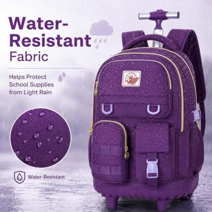 WZLVO Rolling Backpack for Girls Women, 21 inch Water Resistant Roller Wheels Backpacks, Wheeled Bookbag with Lunch Bag for Teen Elementary School Travel - Dark Purple - color: Dark Purple